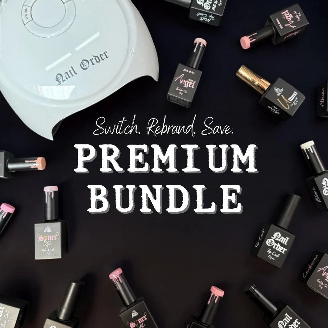 Nail polish bottles with a 'Premium Bundle' offer on a dark background