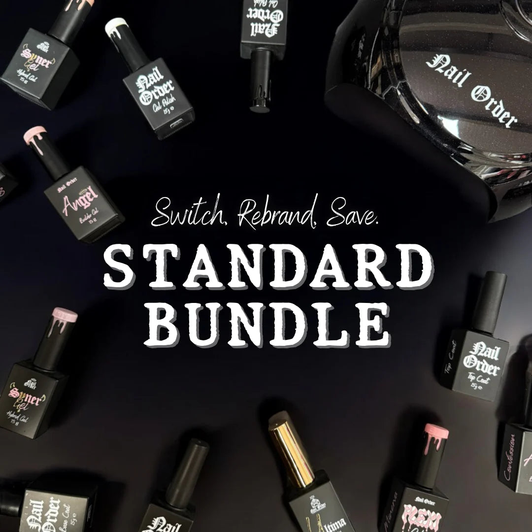 Nail polish bottles with 'Nail Order' branding on a dark background, featuring text about a 'Standard Bundle'.